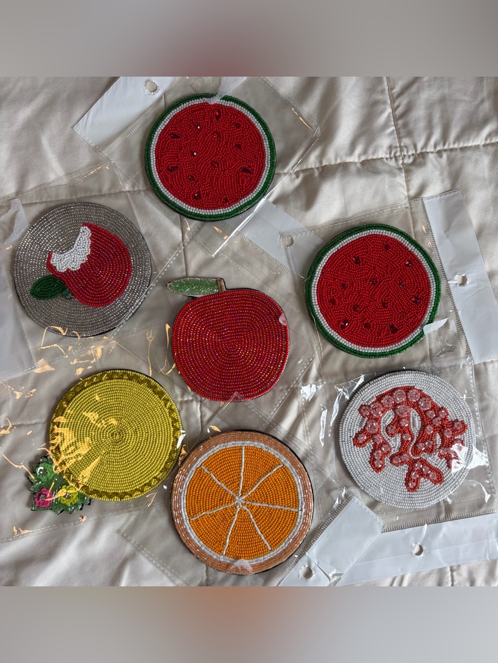 Beaded Fruit Coasters Set - Red, Orange, Yellow, Green Accents